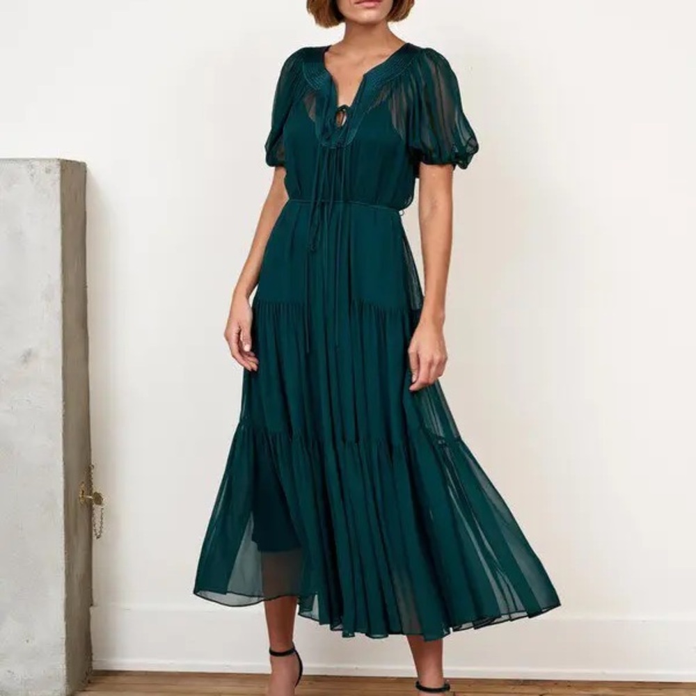 La Ligne Holiday Dark Green Dress with Sheer Overlay RARE
